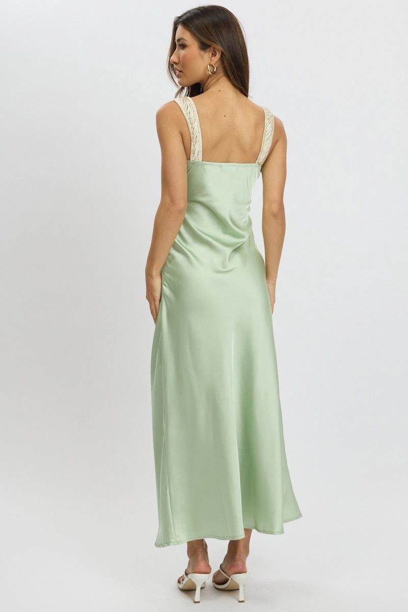 Green Midi Dress Elasticated Shoulder Strap Satin