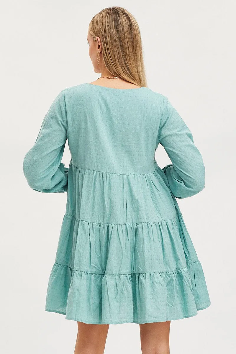 Green Smock Dress Long Sleeve Mini