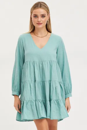 Green Smock Dress Long Sleeve Mini