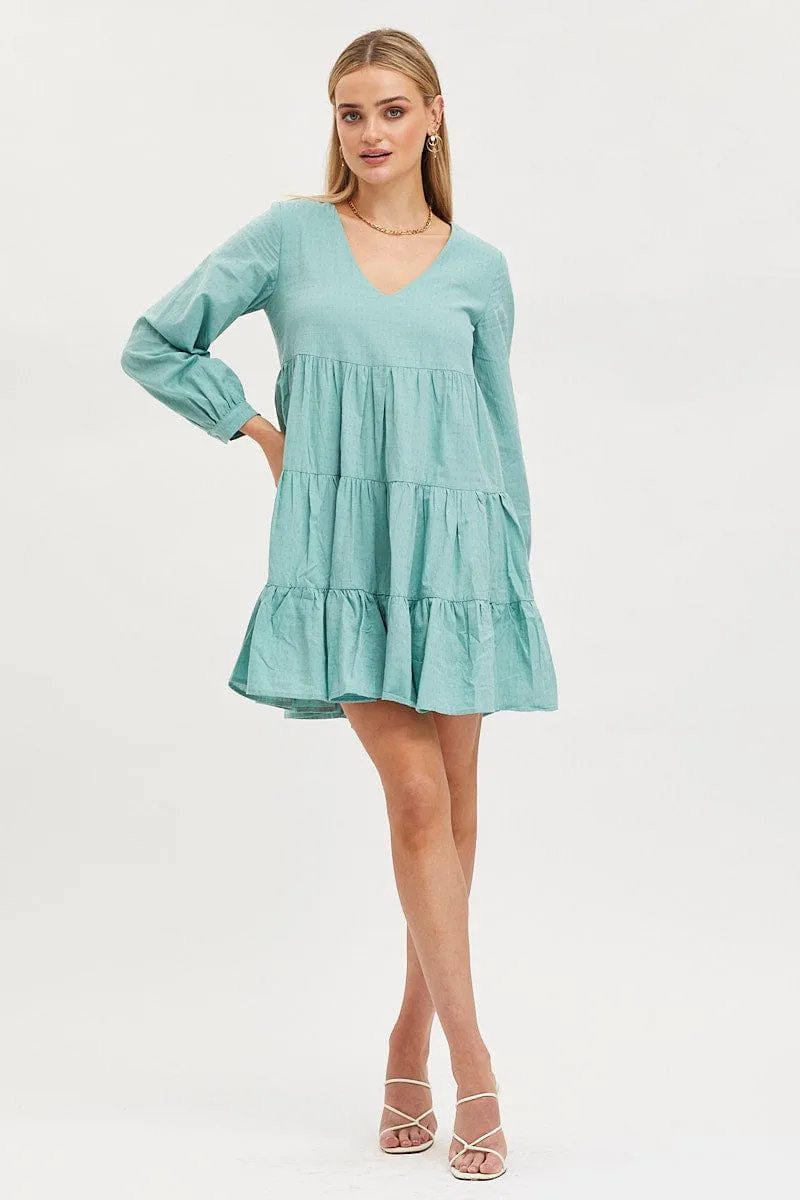 Green Smock Dress Long Sleeve Mini