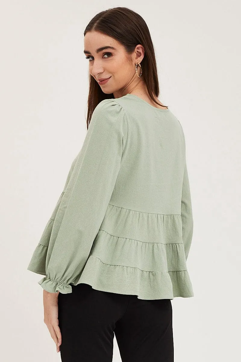 Green Smock Top Long Sleeve