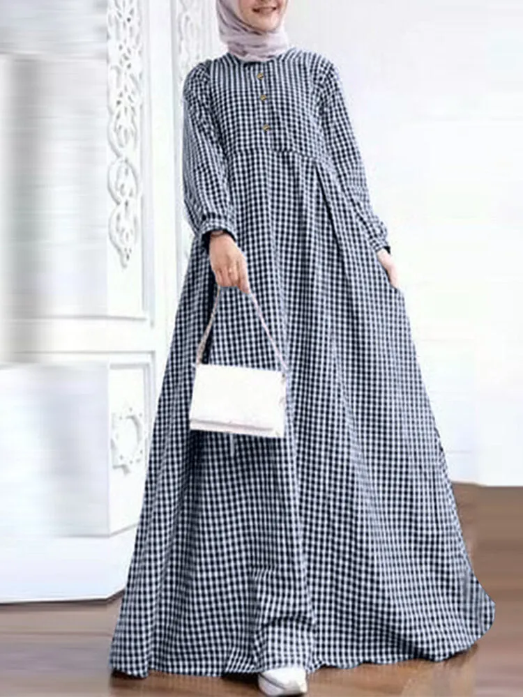 Grid Printed Casual Elastic Cuffs Big Swing Long Sleeve Muslim Abaya Kaftan Women Maxi Dress