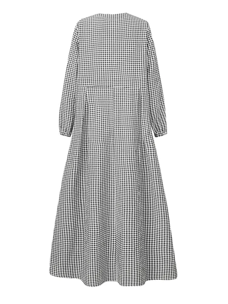 Grid Printed Casual Elastic Cuffs Big Swing Long Sleeve Muslim Abaya Kaftan Women Maxi Dress