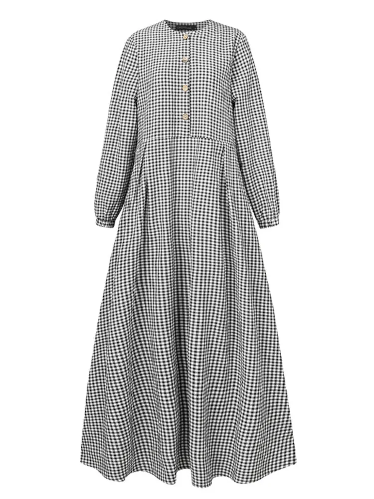 Grid Printed Casual Elastic Cuffs Big Swing Long Sleeve Muslim Abaya Kaftan Women Maxi Dress