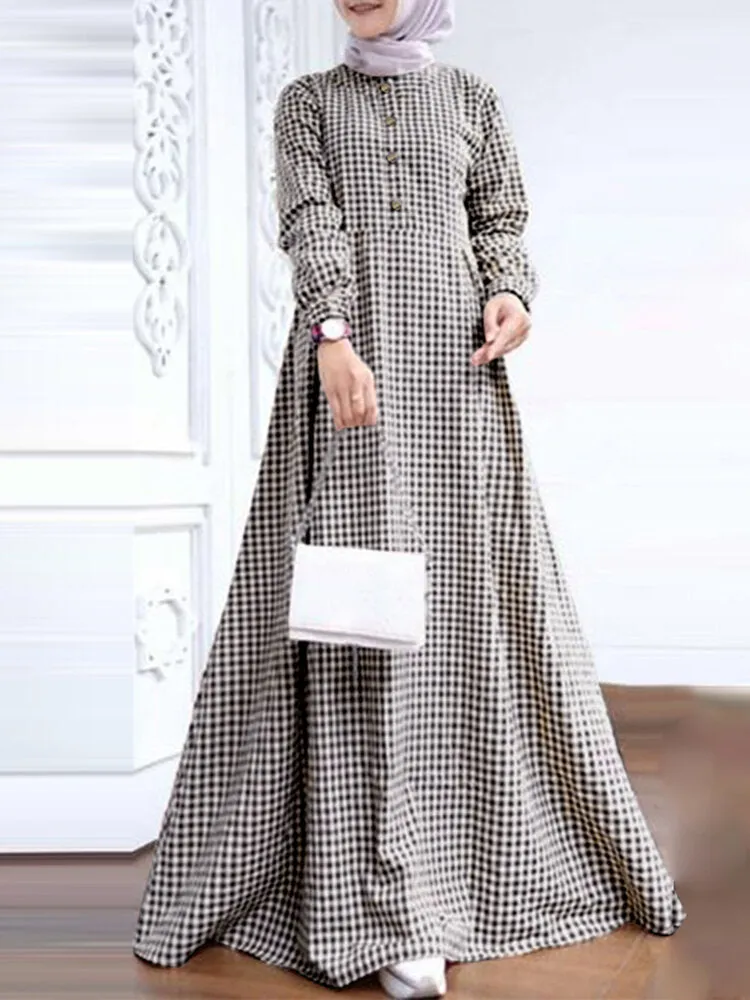 Grid Printed Casual Elastic Cuffs Big Swing Long Sleeve Muslim Abaya Kaftan Women Maxi Dress