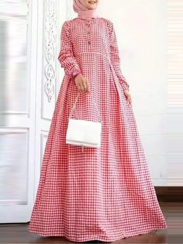 Grid Printed Casual Elastic Cuffs Big Swing Long Sleeve Muslim Abaya Kaftan Women Maxi Dress