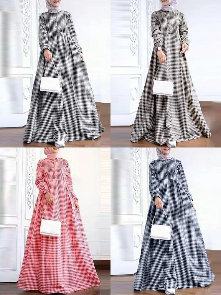 Grid Printed Casual Elastic Cuffs Big Swing Long Sleeve Muslim Abaya Kaftan Women Maxi Dress