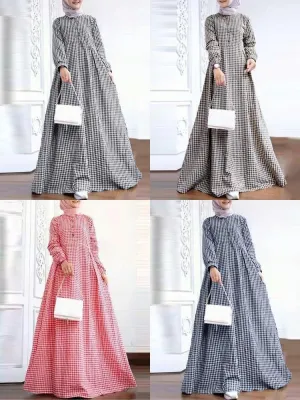 Grid Printed Casual Elastic Cuffs Big Swing Long Sleeve Muslim Abaya Kaftan Women Maxi Dress