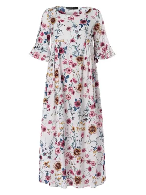 Half Sleeve O-neck Pleated Floral Print Vintage Women Maxi Dress