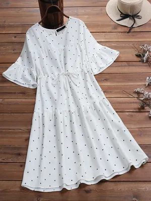 Half Sleeve Polka Dot Print Drawstring Waist Vintage Dress