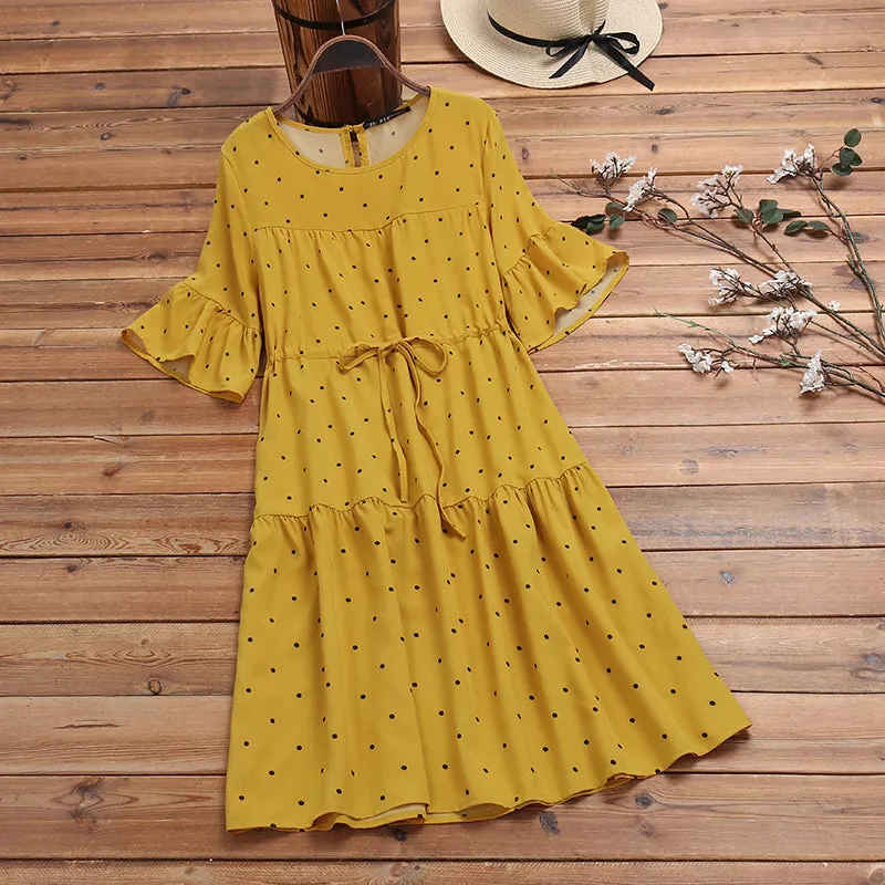 Half Sleeve Polka Dot Print Drawstring Waist Vintage Dress