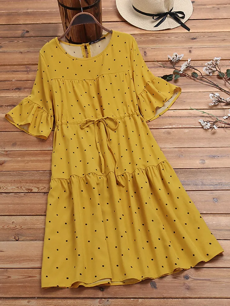 Half Sleeve Polka Dot Print Drawstring Waist Vintage Dress