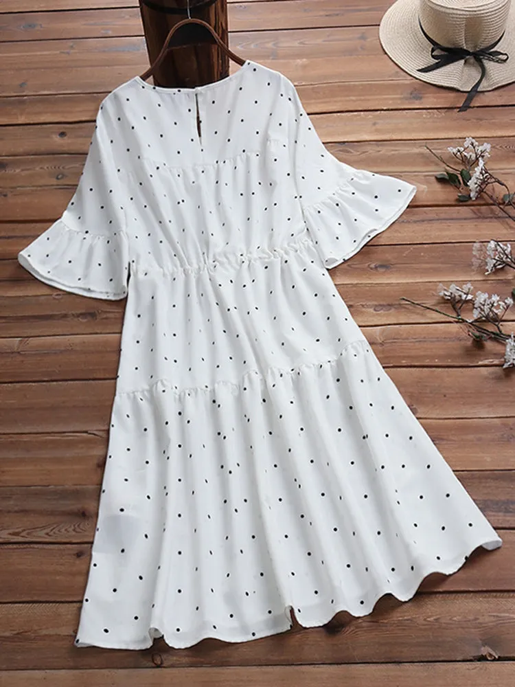 Half Sleeve Polka Dot Print Drawstring Waist Vintage Dress