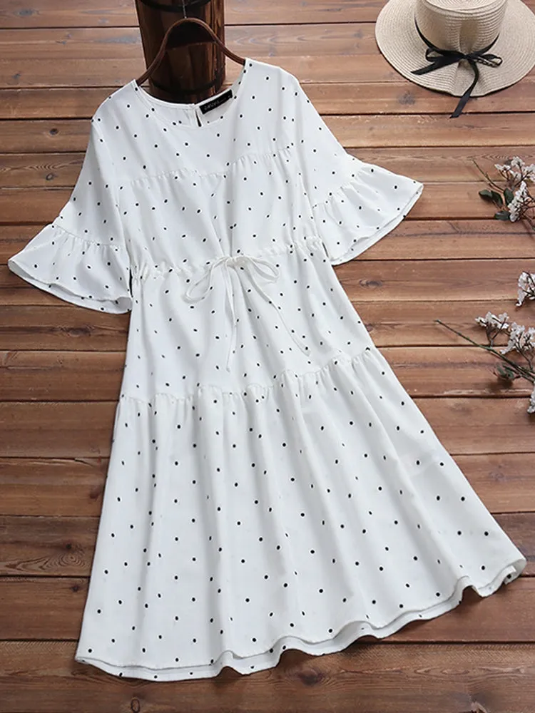 Half Sleeve Polka Dot Print Drawstring Waist Vintage Dress