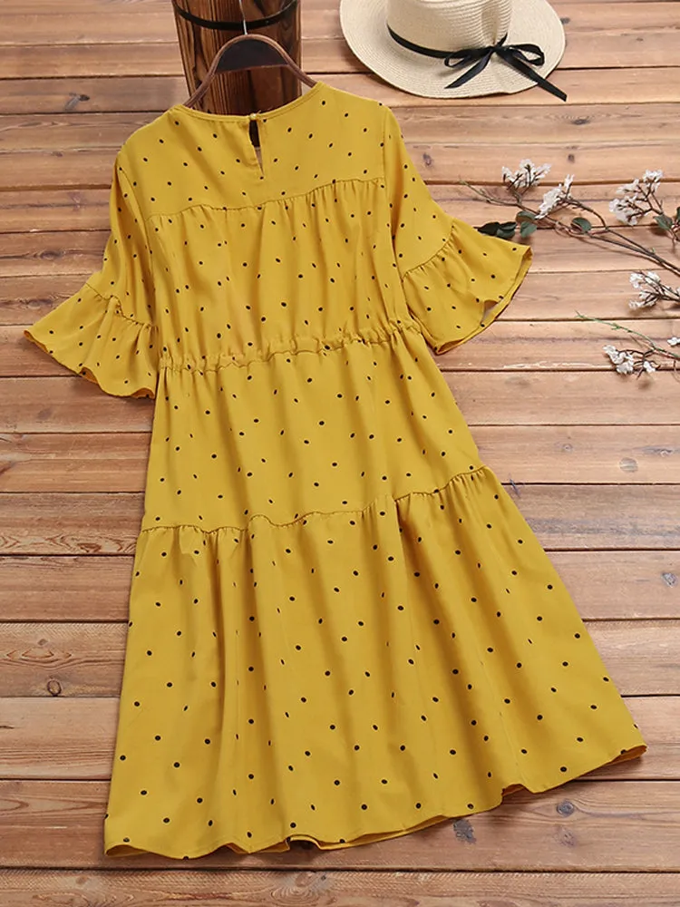 Half Sleeve Polka Dot Print Drawstring Waist Vintage Dress
