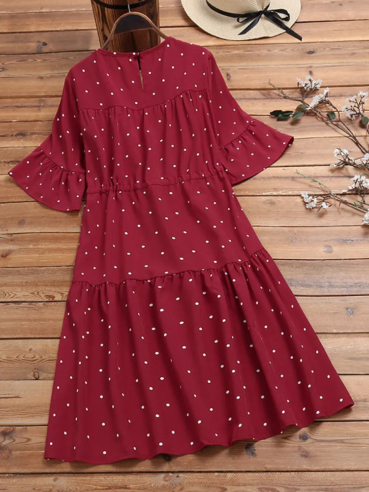 Half Sleeve Polka Dot Print Drawstring Waist Vintage Dress
