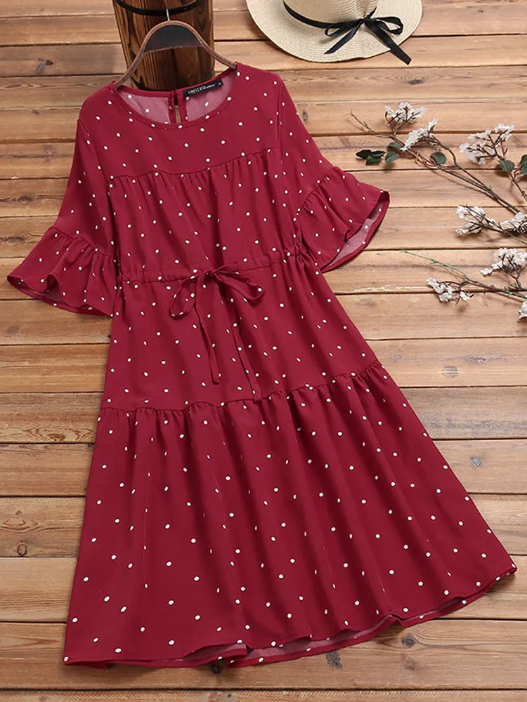 Half Sleeve Polka Dot Print Drawstring Waist Vintage Dress