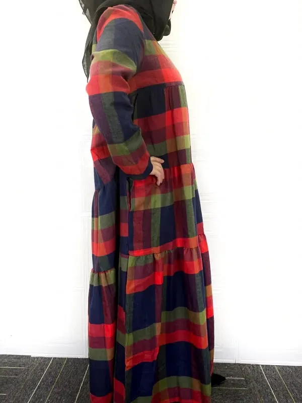 Kaftan Tunic Plaid Print Back Zipper Long Sleeve Maxi Layered Women Maxi Dress