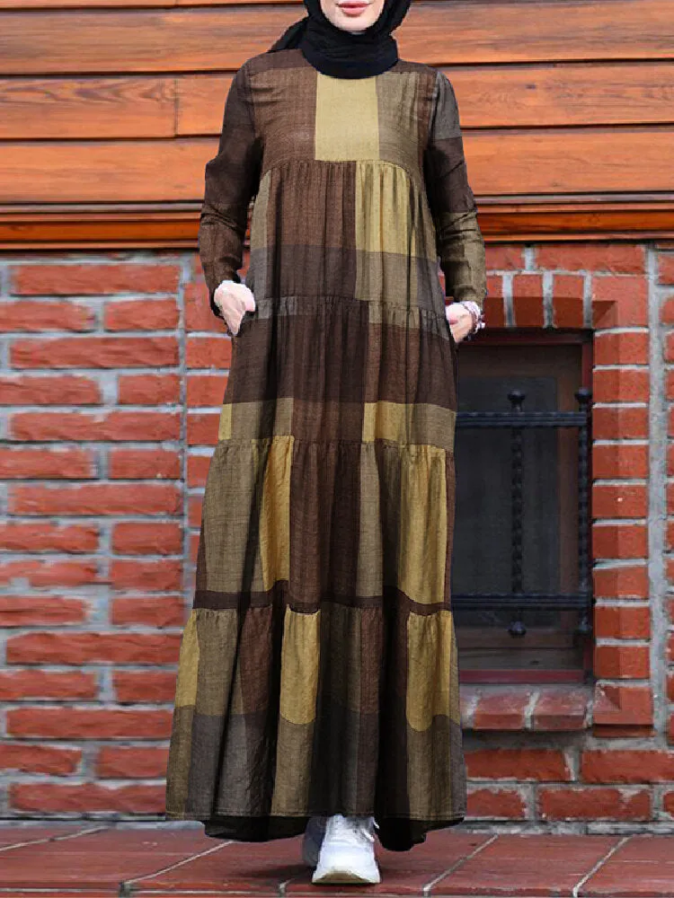 Kaftan Tunic Plaid Print Back Zipper Long Sleeve Maxi Layered Women Maxi Dress