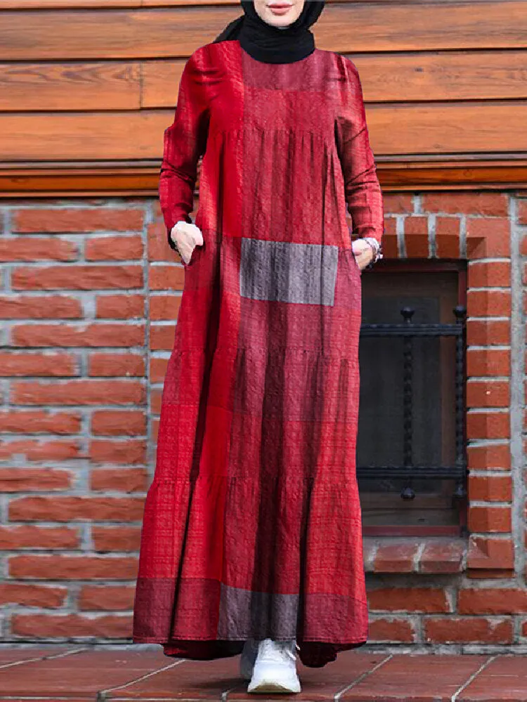 Kaftan Tunic Plaid Print Back Zipper Long Sleeve Maxi Layered Women Maxi Dress