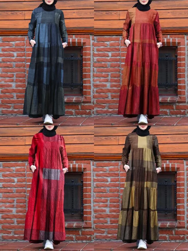 Kaftan Tunic Plaid Print Back Zipper Long Sleeve Maxi Layered Women Maxi Dress