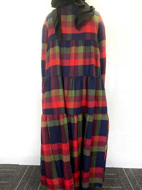 Kaftan Tunic Plaid Print Back Zipper Long Sleeve Maxi Layered Women Maxi Dress