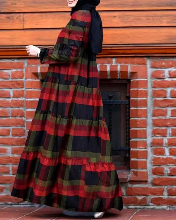 Kaftan Tunic Plaid Print Back Zipper Long Sleeve Maxi Layered Women Maxi Dress