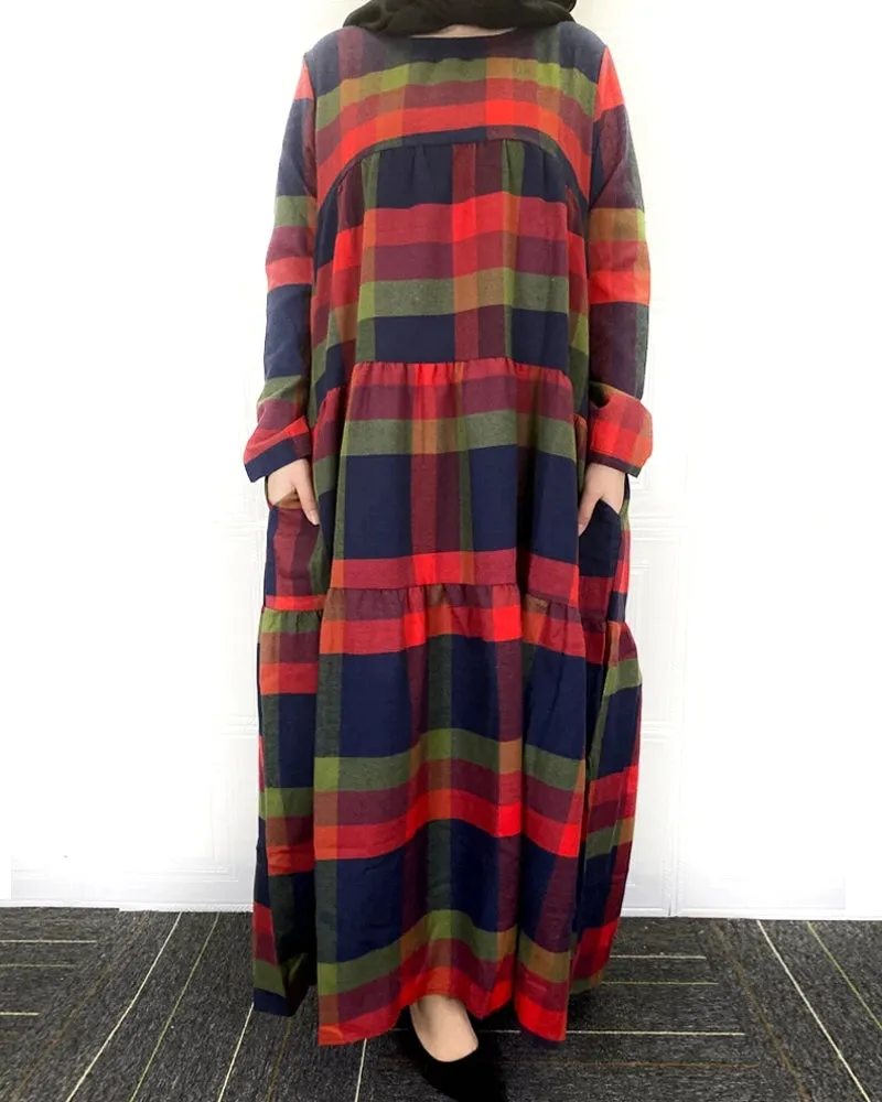 Kaftan Tunic Plaid Print Back Zipper Long Sleeve Maxi Layered Women Maxi Dress