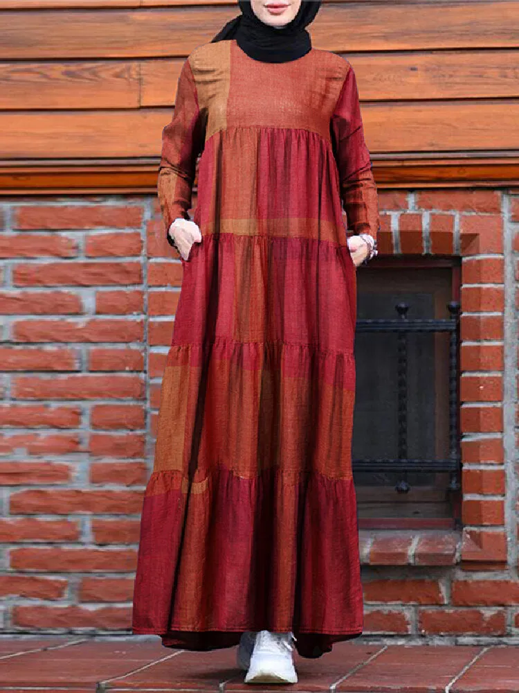 Kaftan Tunic Plaid Print Back Zipper Long Sleeve Maxi Layered Women Maxi Dress