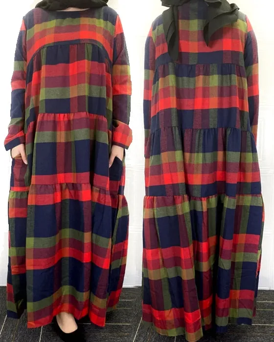 Kaftan Tunic Plaid Print Back Zipper Long Sleeve Maxi Layered Women Maxi Dress