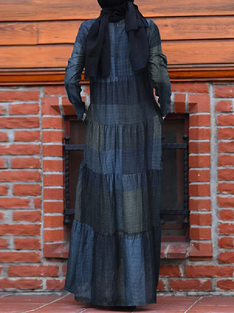 Kaftan Tunic Plaid Print Back Zipper Long Sleeve Maxi Layered Women Maxi Dress