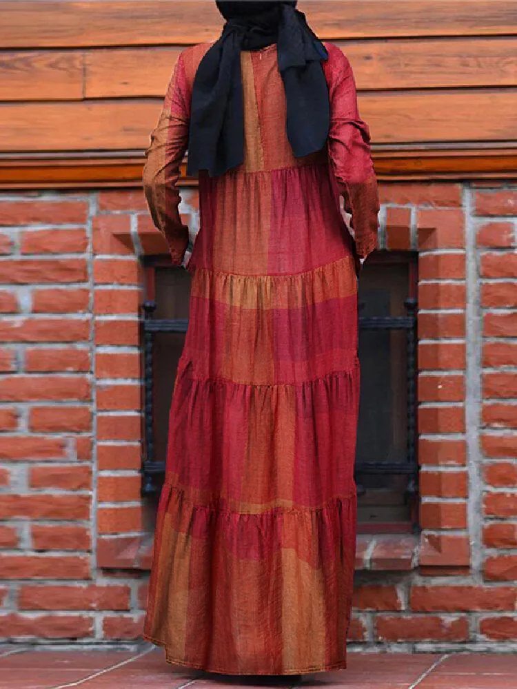 Kaftan Tunic Plaid Print Back Zipper Long Sleeve Maxi Layered Women Maxi Dress