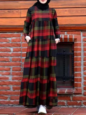 Kaftan Tunic Plaid Print Back Zipper Long Sleeve Maxi Layered Women Maxi Dress