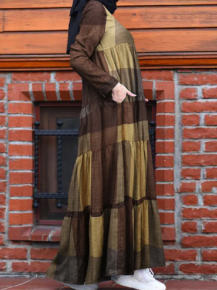 Kaftan Tunic Plaid Print Back Zipper Long Sleeve Maxi Layered Women Maxi Dress