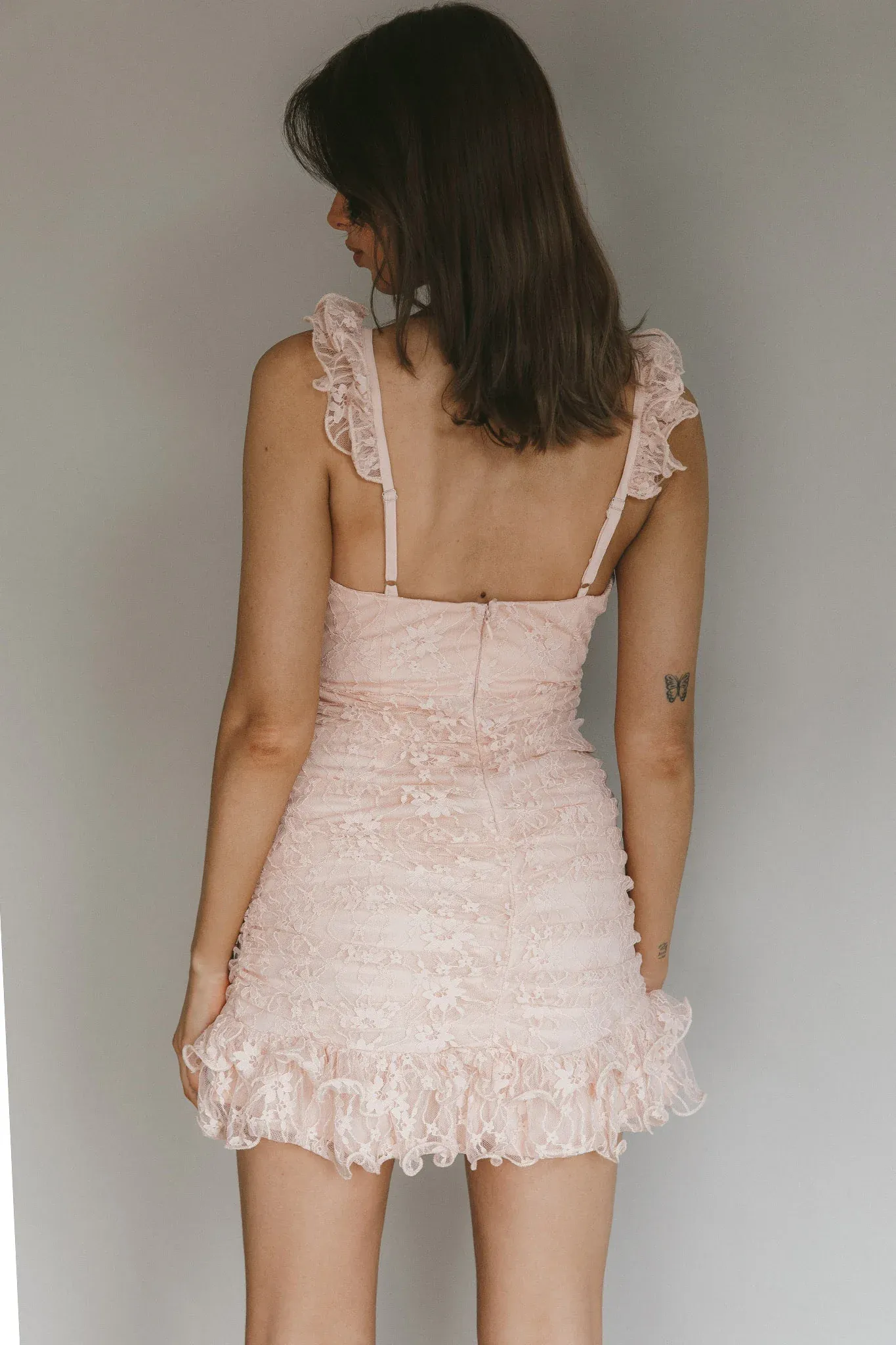 Kaley Ruched Side Layered Frill Hem Lace Mini Dress Blush