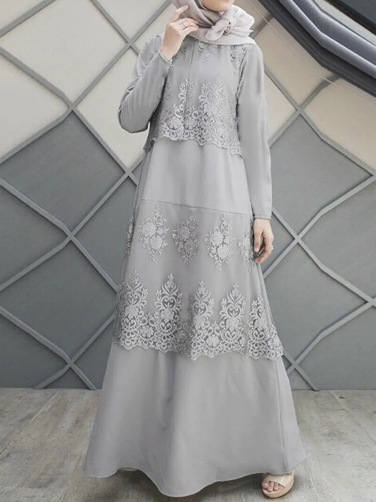 Lace Stitching A-line O-neck Pure Color Long Sleeve Muslim Abaya Kaftan Women Maxi Dress