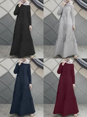 Lace Stitching A-line O-neck Pure Color Long Sleeve Muslim Abaya Kaftan Women Maxi Dress