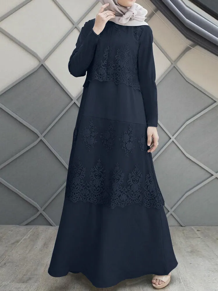 Lace Stitching A-line O-neck Pure Color Long Sleeve Muslim Abaya Kaftan Women Maxi Dress