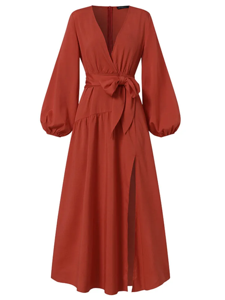 Lace-up High Split V-neck Holiday Elegant Long Sleeve Pure Color Women Maxi Dress
