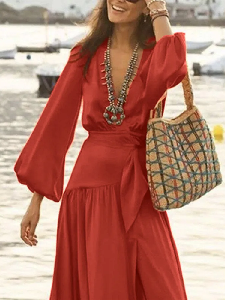 Lace-up High Split V-neck Holiday Elegant Long Sleeve Pure Color Women Maxi Dress