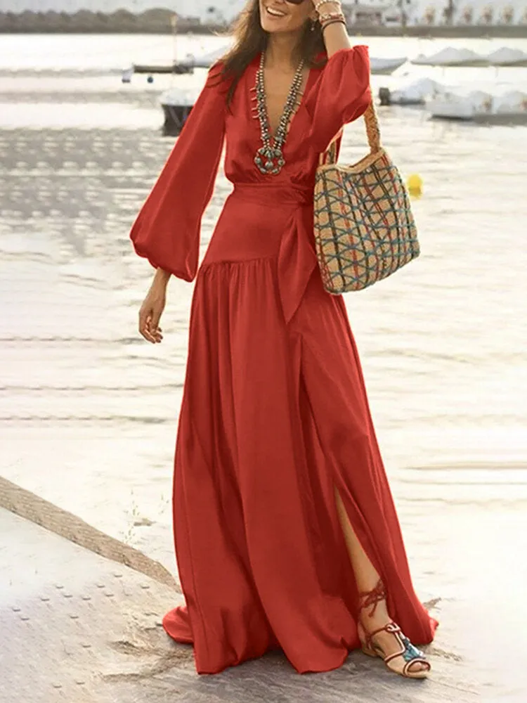 Lace-up High Split V-neck Holiday Elegant Long Sleeve Pure Color Women Maxi Dress