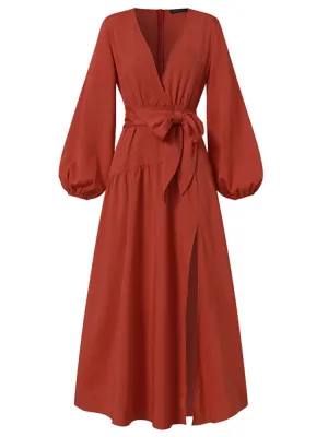 Lace-up High Split V-neck Holiday Elegant Long Sleeve Pure Color Women Maxi Dress