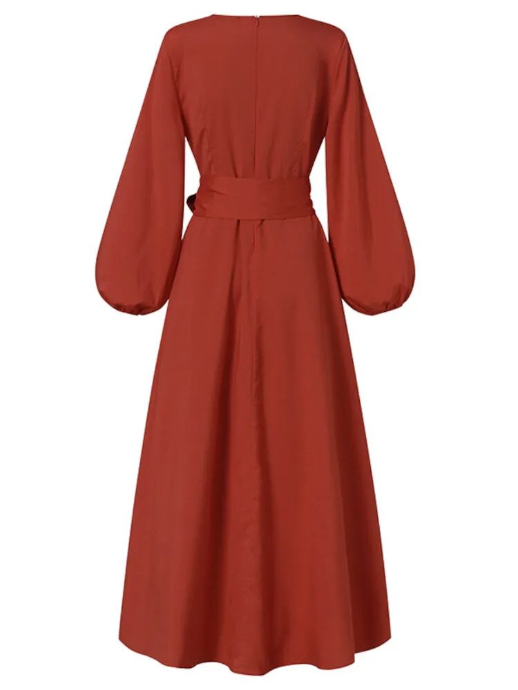 Lace-up High Split V-neck Holiday Elegant Long Sleeve Pure Color Women Maxi Dress