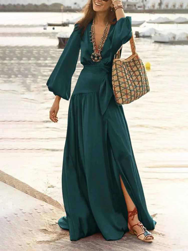 Lace-up High Split V-neck Holiday Elegant Long Sleeve Pure Color Women Maxi Dress