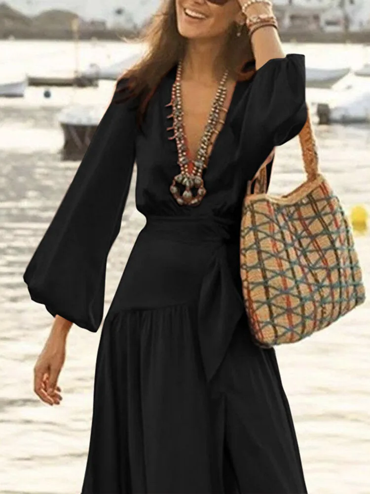 Lace-up High Split V-neck Holiday Elegant Long Sleeve Pure Color Women Maxi Dress