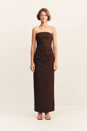 LANI STRAPLESS DRAPED MAXI DRESS - ESPRESSO