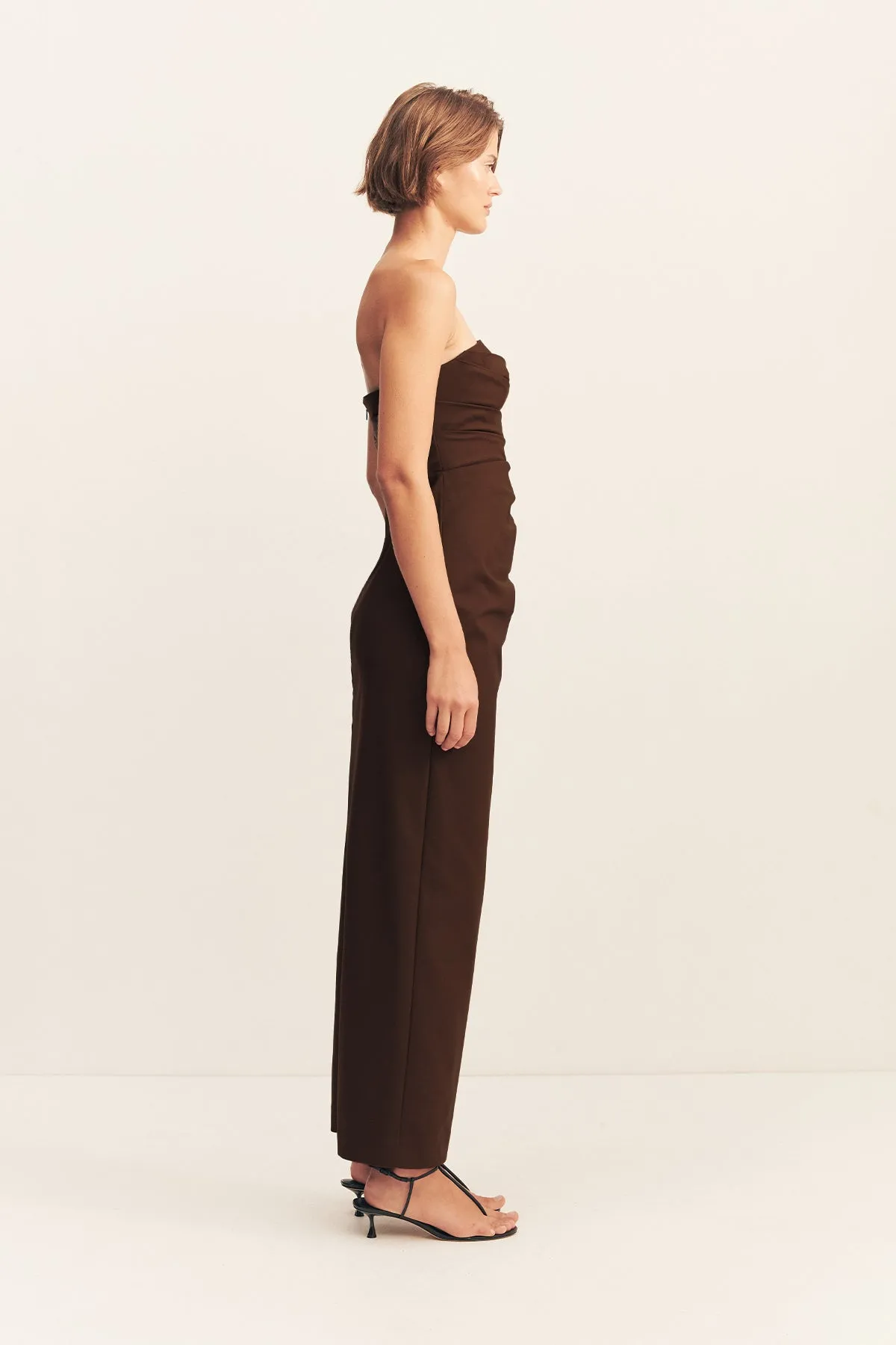 LANI STRAPLESS DRAPED MAXI DRESS - ESPRESSO