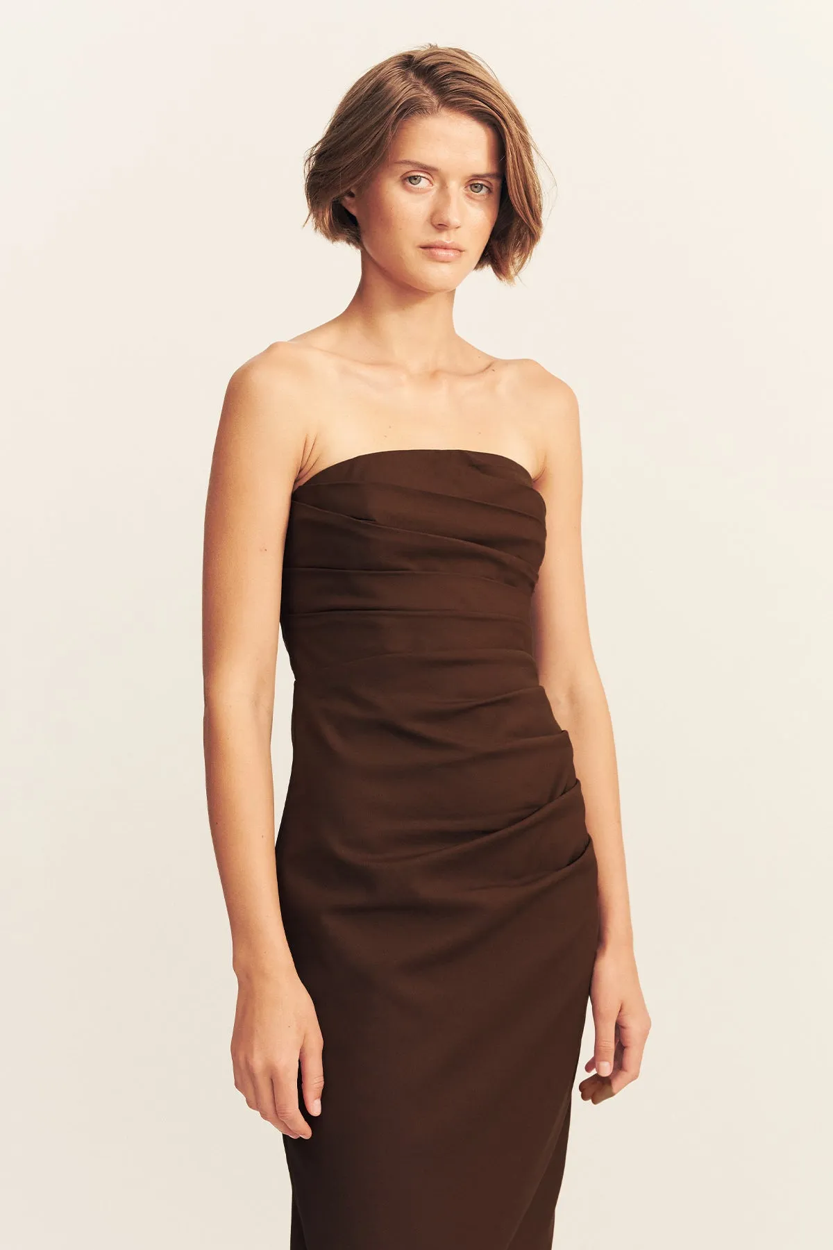LANI STRAPLESS DRAPED MAXI DRESS - ESPRESSO