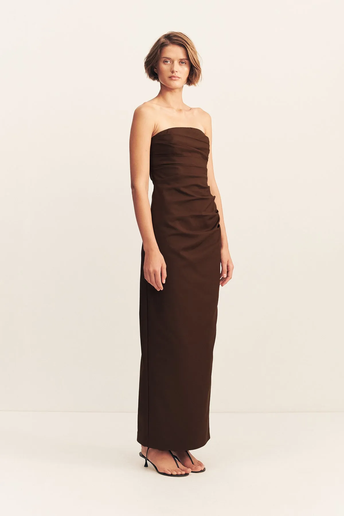 LANI STRAPLESS DRAPED MAXI DRESS - ESPRESSO