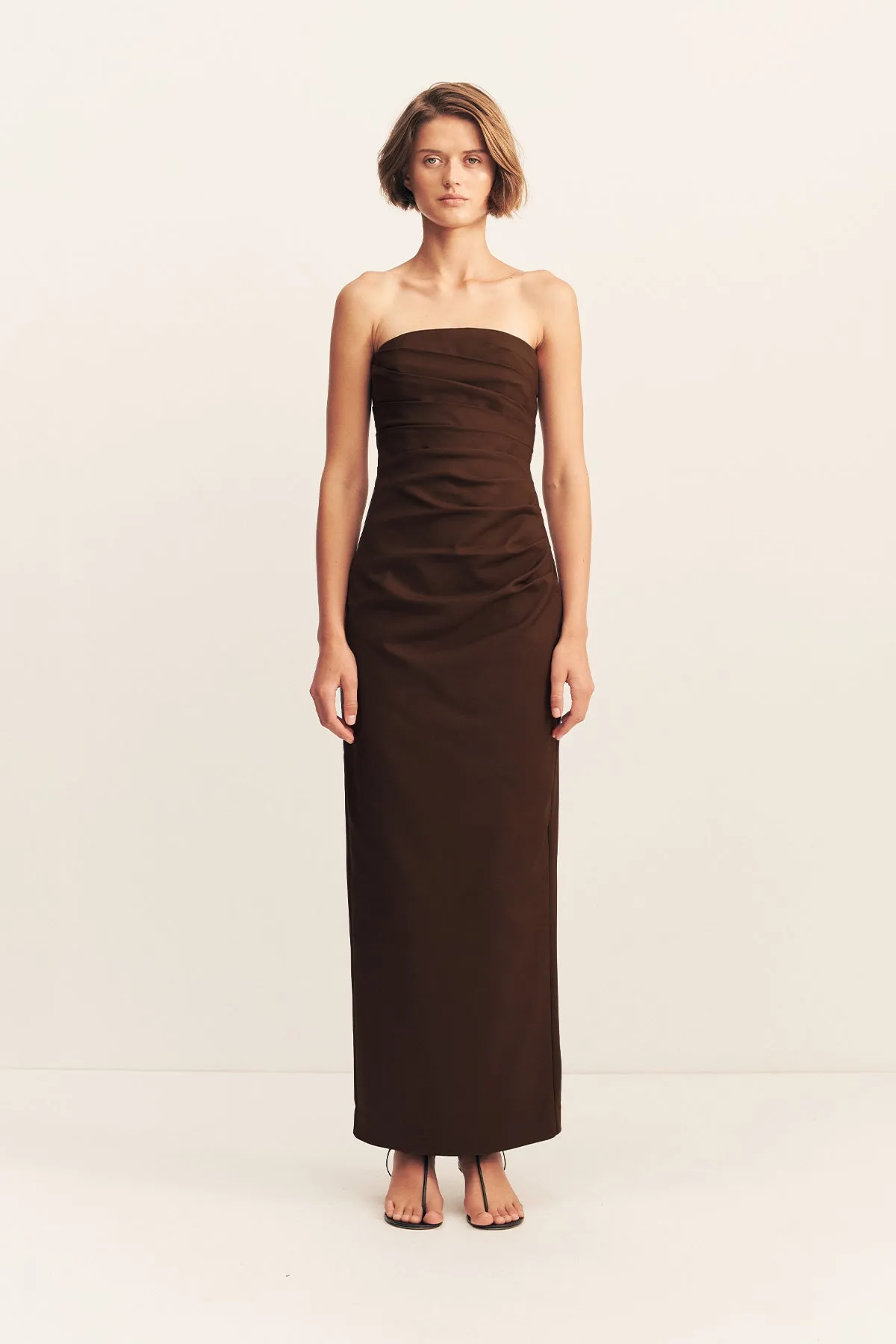 LANI STRAPLESS DRAPED MAXI DRESS - ESPRESSO